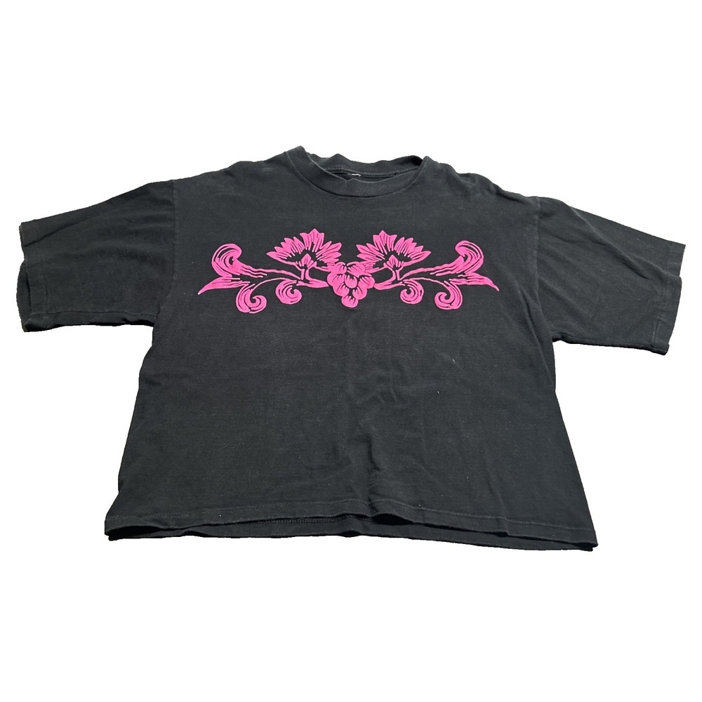 Vintage Women's Black Pink Floral Shirt Boxy Tee Short Sleeve Size M 90s Y2k